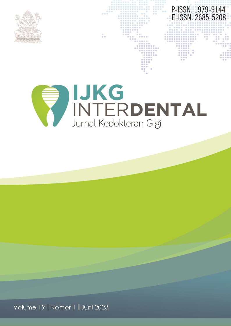 					View Vol. 19 No. 1 (2023): Interdental Jurnal Kedokteran Gigi (IJKG)
				