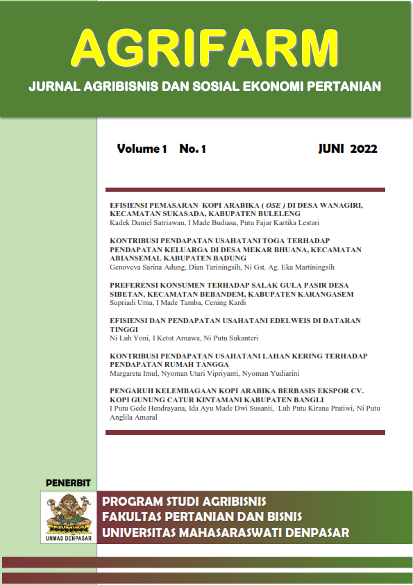 					Lihat Vol 1 No 1 (2022): AGRIFARM (Jurnal Agribisnis dan Sosial Ekonomi Pertanian)
				