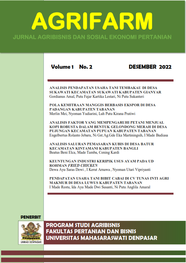 					View Vol. 1 No. 2 (2022): AGRIFARM (Jurnal Agribisnis dan Sosial Ekonomi Pertanian)
				
