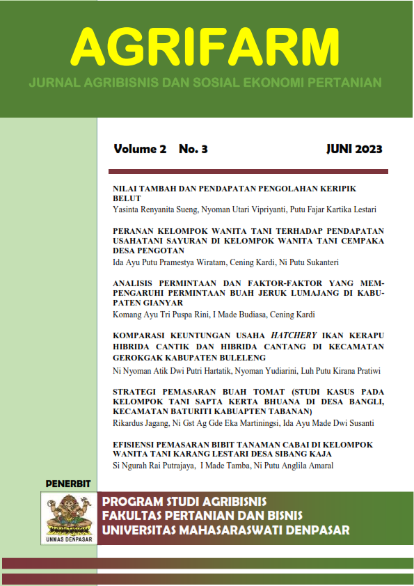 					Lihat Vol 2 No 3 (2023): AGRIFARM : Jurnal Agribisnis dan Sosial Ekonomi Pertanian 
				