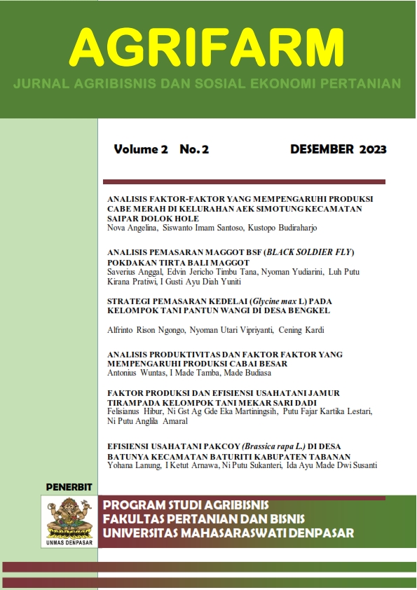 					Lihat Vol 2 No 2 (2023): AGRIFARM : Jurnal Agribisnis dan Sosial Ekonomi Pertanian 
				