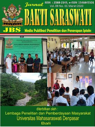 					View Vol. 9 No. 1 (2020): Jurnal Bakti Saraswati (JBS) : Media Publikasi Penelitian dan Penerapan Ipteks
				